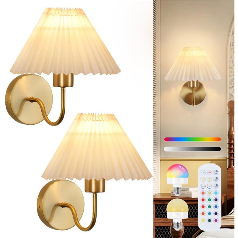 Appliques murales, lot de 2 appliques murales RGB à piles pour commode de chambre à coucher Lampe murale classique dorée avec télécommande pour