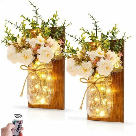Appliques Murales Rustiques Suspendues Mason Jar Mur Lumière avec Crochets en Fer Forgé en LED Bandes Lumières Batterie fonctionnant pour la décoration de Noël de Jardin à la Maison(Lot de 2)