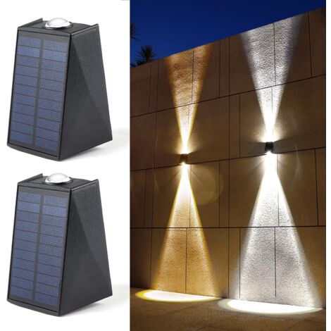 Appliques murales solaires d'extérieur, 1200 mAh, 3000/6500 K, étanches IP65, pour clôture, porche, patio, garage,pergola, jardin (bicolore, lot de 2)
