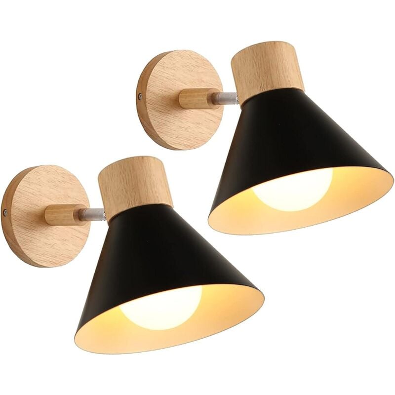 Appliques Murales Vintages Industrielles Lampe Murale en Métal et Bois Suspension Luminaire Réglable Noir Ø17,5CM - 2Pcs