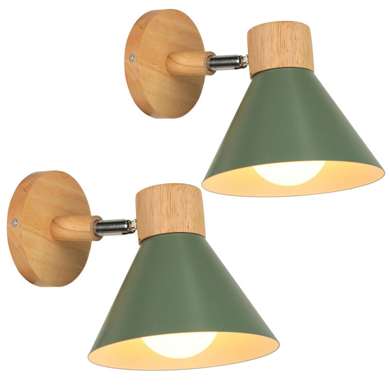 Appliques Murales Vintages Industrielles Lampe Murale en Métal et Bois Suspension Luminaire Réglable Vert Ø17,5CM - 2Pcs