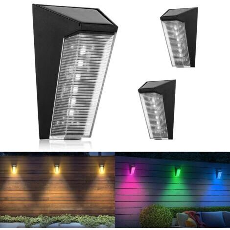 Appliques solaires murales d'extérieur, lot de 2 appliques solaires étanches, 5 modes RGB et blanc chaud, éclairage solaire de jardin pour murs, clôtures, cours et escaliers