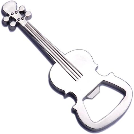 Apribottiglie in acciaio inox a forma di chitarra.