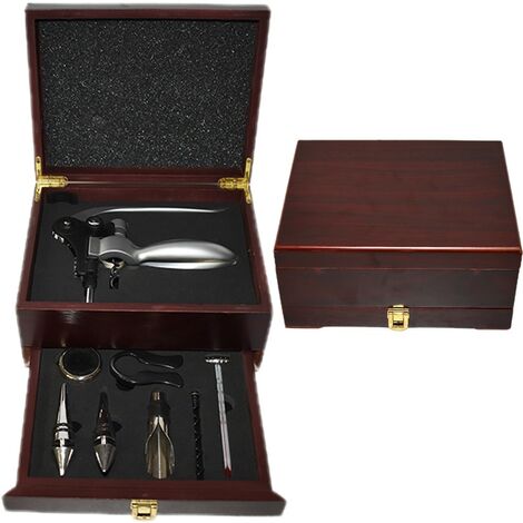 Apribottiglie vino leva cava tappo 7 accessori scatola regalo in legno salvagoccia versatore termometro taglia lamina anello