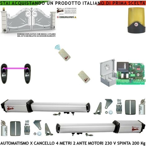 Apricancello 4 Metri 2 Ante Battenti da 2 MT Kit Base 2 Motori Elettromeccanici 230 V Corsa 300mm Spinta 2 Q.li Staffe 2 Radiocomandi Coppia Fotocellule Faro Movimenti Chiave Sblocco Cartello Monitore