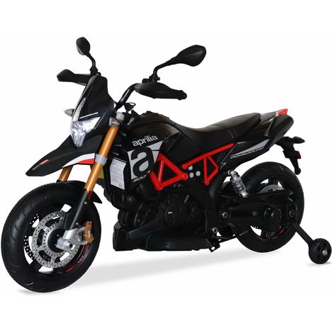 Aprilia noire Dorsoduro 900, moto électrique pour enfants 12V 4.5Ah, 1 place avec autoradio
