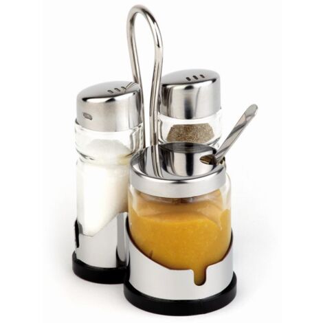 APS "Economic" pepe e sale, 3 pezzi con contenitore in acciaio inox Agitatore per sale, contenitore in vetro trasparente con coperchio in acciaio inox e tappo a vite, terzo contenitore in vetro per la