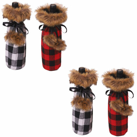 AQIUO 4 Pièces Buffalo Plaid Couvercle De Bouteille De Vin De Noël Pull En Fausse Fourrure Porte-bouteille De Vin Pochette Sacs Pour Ornement De Dîner De Noël (Rouge et Noir, Noir et Blanc)