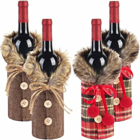 AQIUO 4 pièces chandail de noël couvre-bouteilles de vin à carreaux vêtements de bouteille de vin robe de bouteille de vin en lin avec col en fausse fourrure et manteau de bouton design sacs de boutei