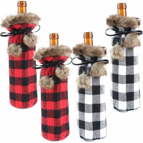 AQIUO 4 pièces Noël Buffalo Plaid bouteille de vin couvre les vacances porte-bouteille de vin avec col en fausse fourrure bouteille de vin