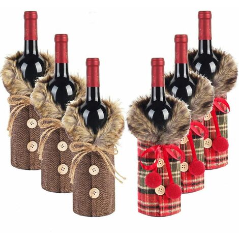 AQIUO 6 Pièces Chandail De Noël Couvre Bouteille De Vin À Carreaux Bouteille De Vin Vêtements Linge Robe De Bouteille De Vin Avec Col En Fausse Fourrure Et Manteau De Bouton Conception Sacs De Bouteil