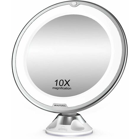 AQIUO Miroir de maquillage, grossissant 10X avec LED blanche lumière du jour, miroir de salle de bain éclairé portable, rotation pivotante à 360 degrés et aspiration verrouillable