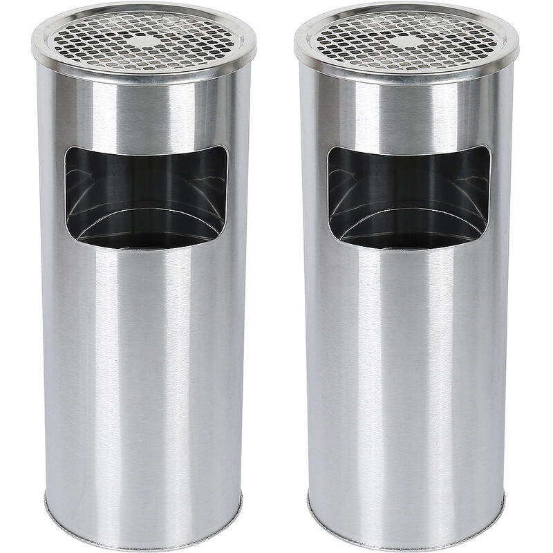 Aqrau - 2 x Poubelle Ronde Anti Feu, Acier Inoxydable avec Cendrier - Argent