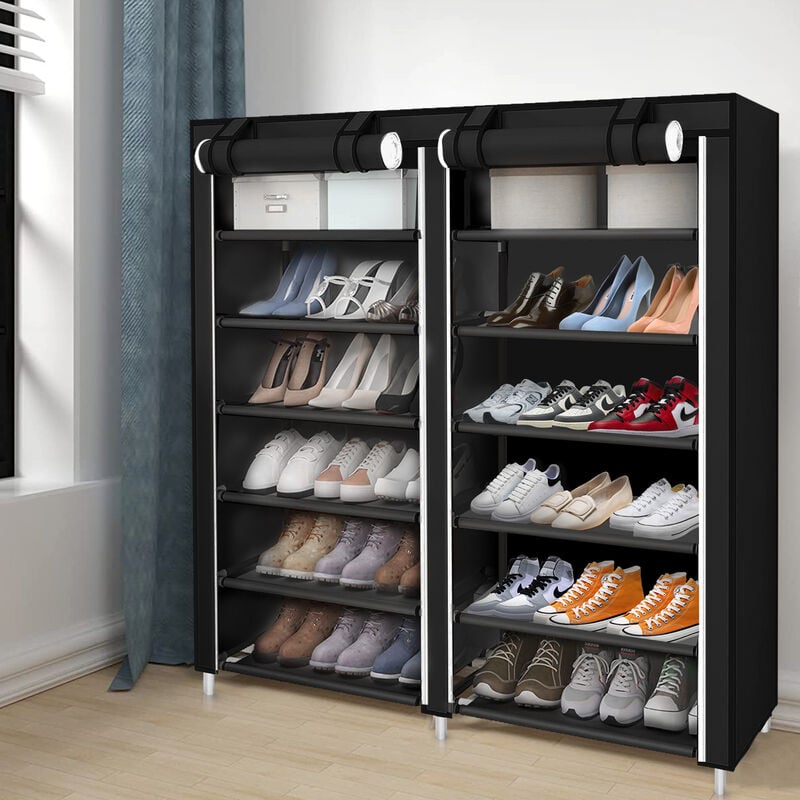 Aqrau Armoire à Chaussures, Étagère à Chaussures Tissu, 7 Couches, Meuble de Rangement avec Housse de Protection, Meuble à Chaussures avec Zip, Noir