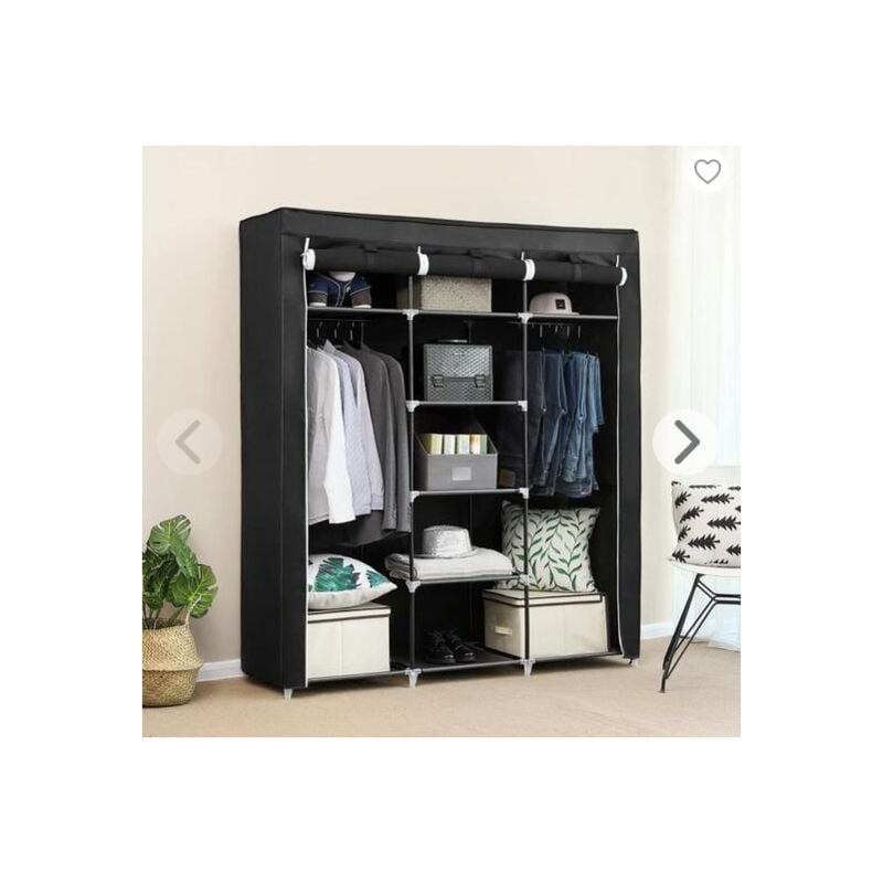Aqrau Armoire de Rangement Garde-Robe, Penderie de vêtement Pliable en Tissu Non-tissé, avec Compartiments et Tringles, 3 Portes, Noir 175 x 150 x