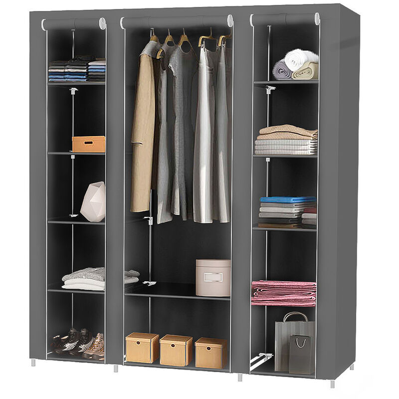 Armoire en Toile, Penderie Portable avec Barre de Suspension,3 Portes, Gris 172 x 134 x 43cm - Aqrau