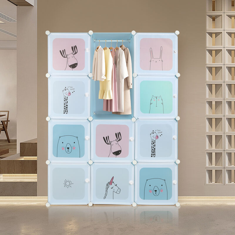 Armoire Penderie Portable, Meuble Rangement Enfant avec Motifs d'animaux, avec 2 Tringle à vêtements 12 Cubes Bleu - Aqrau