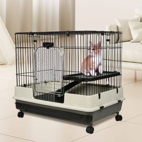 Aqrau Cage pour Petit Animal Hamster, Cage Chat Mobile et Sécurisée,  1 Plateformes Modulables, 1 Échelles, Noir 76x47x69cm