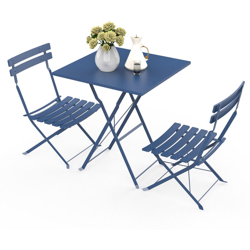 Aqrau Ensemble Table et Chaises de Jardin, 2 Chaises Pliables et 1 Table Carrée, Salon de Jardin, Acier Métallique - Bleu gris(55X55CM)