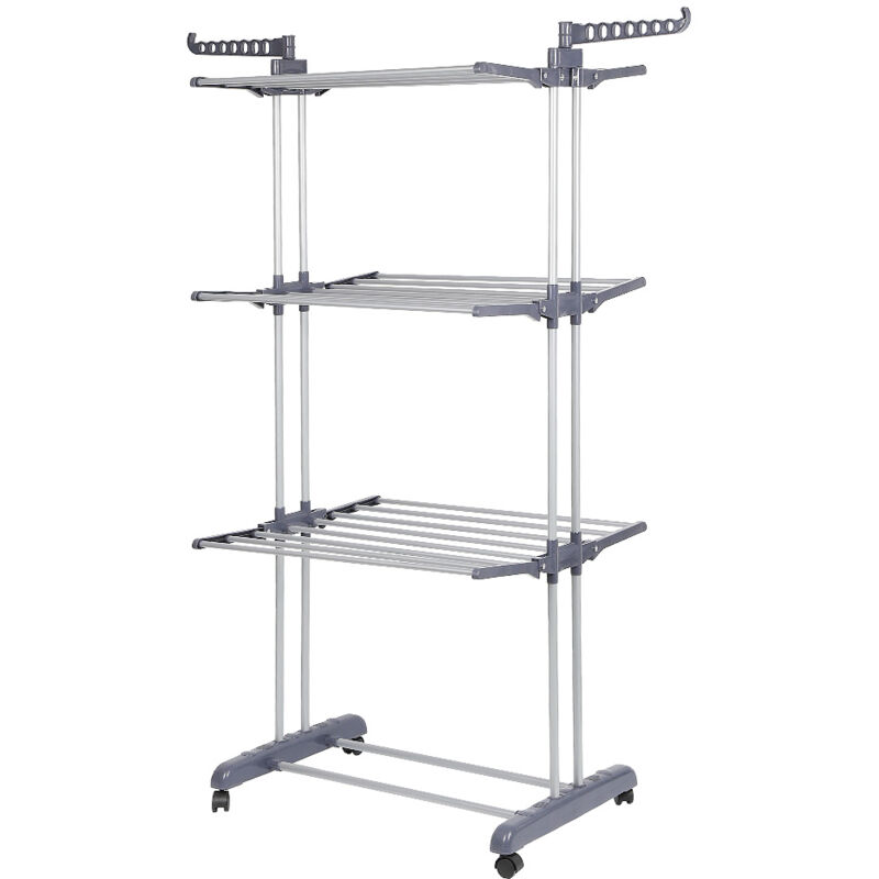 Tendoir séchoir à linge, Etendoir robuste ailes pliables 3 niveaux, Séchoir à linge modulable avec Roues, pour Intérieur et Extérieur, Gris - Aqrau
