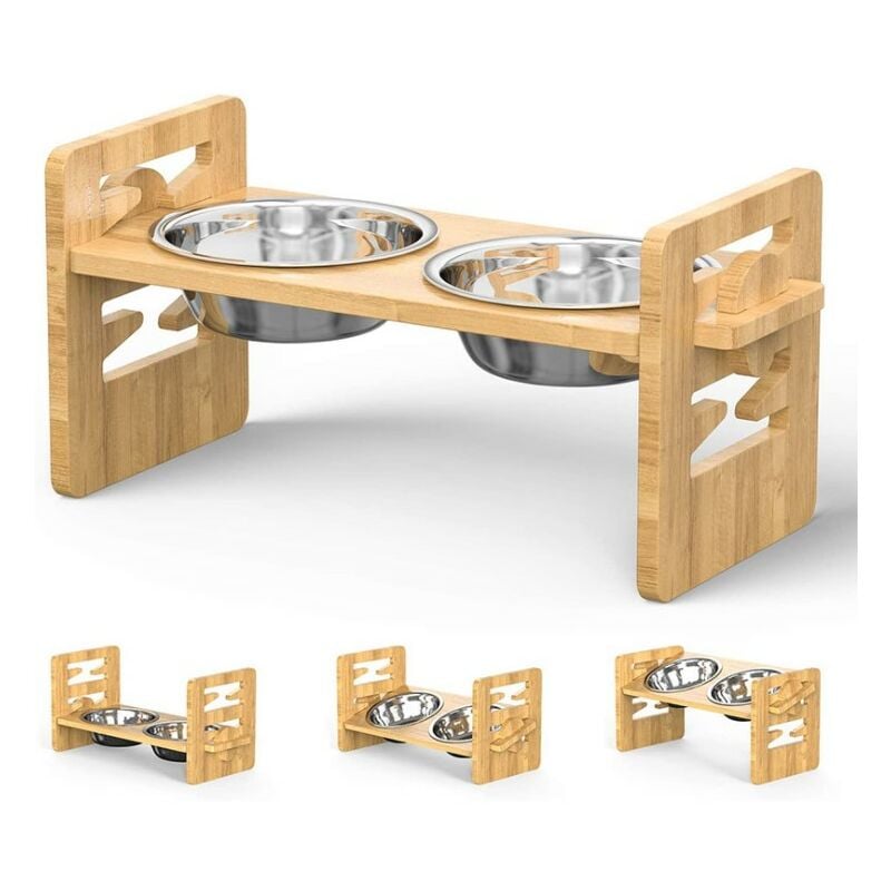 Aqrau - Gamelle pour Chien-Gamelle, Hauteur Réglable Porte-Bol en Bois de Bambou en Hauteur, avec 2 Bols en Acier Inoxydable