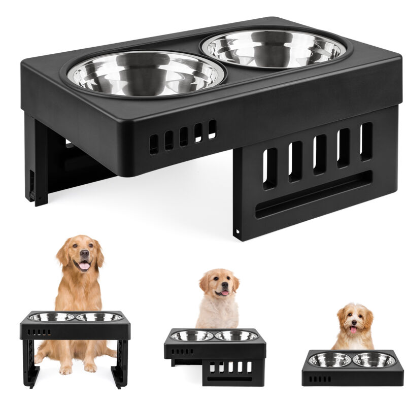 Aqrau - Gamelle surélevée pour chien, Porte-Gamelles Hauteurs RéGlables avec 2 gamelles en acier inoxydable, Noir