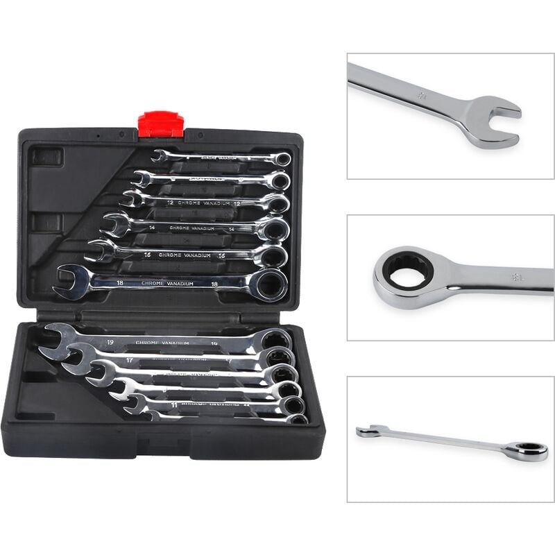 Aqrau - Lot de 12 Clé mixte droite à cliquet 8-19 mm - 72 Dents - Système métrique - Chrome Vanadium