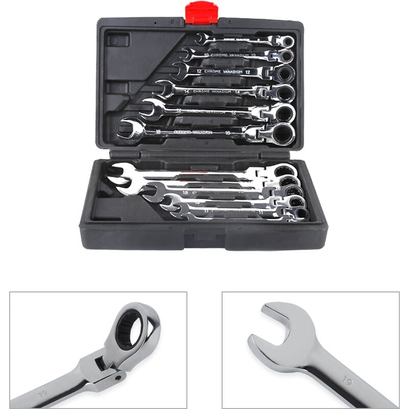 Aqrau - Lot de 12 Clés à cliquet mixtes 8-19 mm - 72 Dents - tête pivotante flexible clés à cliquet - Système métrique - Chrome Vanadium