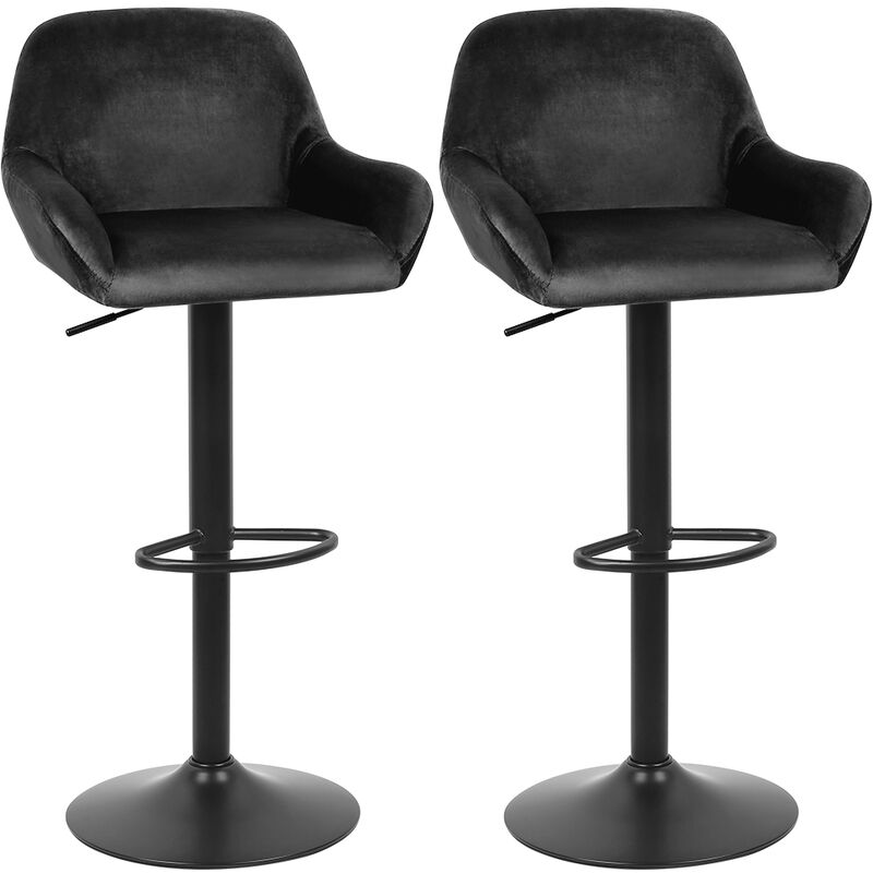 Aqrau - Lot de 2 Tabourets de bar Tabourets de bar pivotants en velours, avec Repose-Pieds, Tabourets de Cuisine Hauteur réglable pieds en métal. Noir