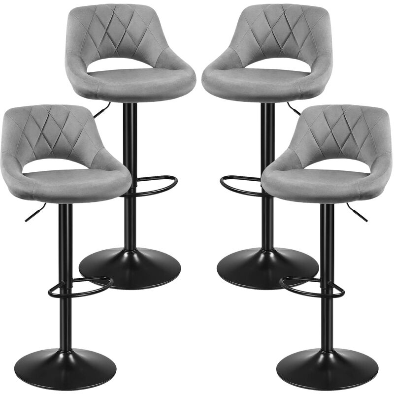 Aqrau - Lot de 4 Tabouret Bar Chaise Bar, Chaise Haute Cuisine, Revêtement Velours, Hauteur Réglable Pivotant à 360° Repose-pieds Strucutre en Métal,
