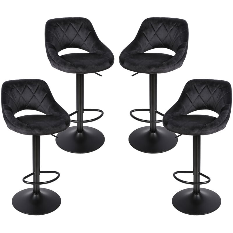 Lot de 4 Tabouret Bar Chaise Bar, Chaise Haute Cuisine, Revêtement Velours, Hauteur Réglable Pivotant à 360° Repose-pieds Strucutre en Métal, Noir