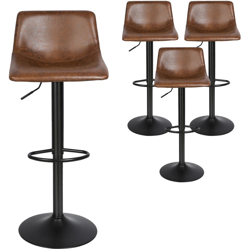 Aqrau - Lot de 4 Tabouret de Bar Rétro Vintage ,Tabourets de Cuisine en Cuir Chaise Haute, avec Dossier et Repose-Pieds, Style Industriel Marron