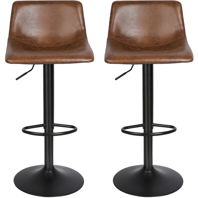 Aqrau - Lot de 2 Tabouret de Bar Rétro Vintage ,Tabourets de Cuisine en Cuir Chaise Haute, avec Dossier et Repose-Pieds, Style Industriel Marron