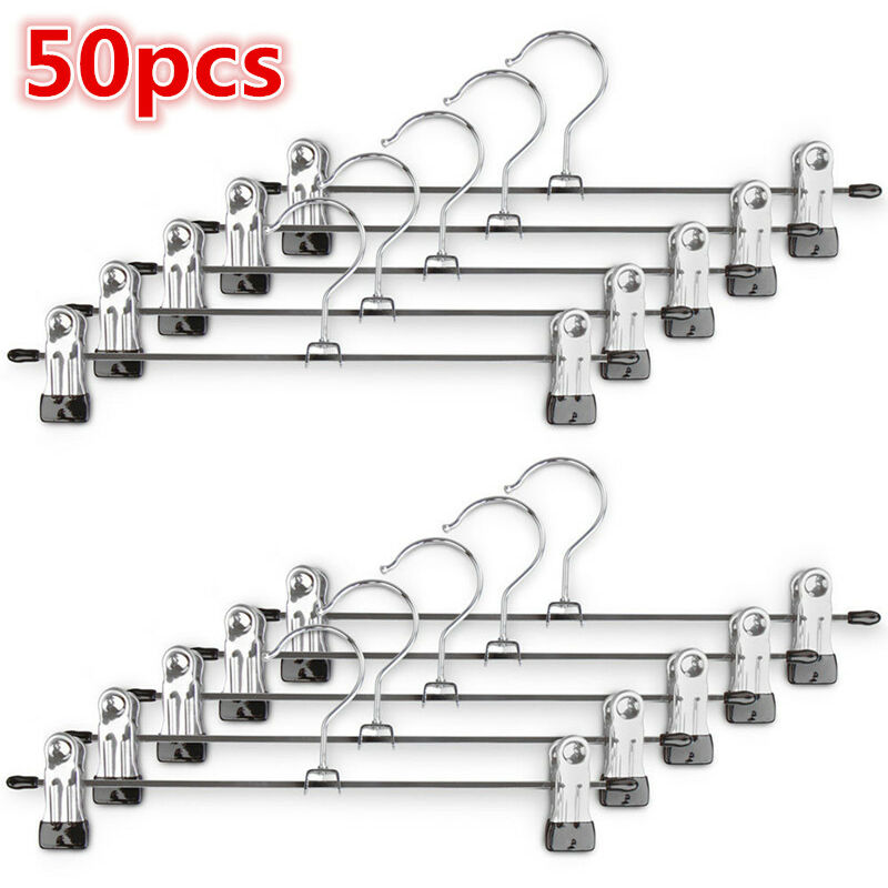 Lot de 50 Cintres en Fer Métal,Cintre Pince,Cintres Pantalons Gain de Place, avec Antidérapante Réglables Clips, pour Pantalons Jupes Chaussettes
