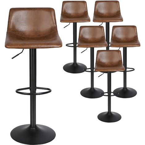 Aqrau Lot de 6 Tabouret de Bar Rétro Vintage ,Tabourets de Cuisine en Cuir Chaise Haute, avec Dossier et Repose-Pieds, Style Industriel Marron Rustique