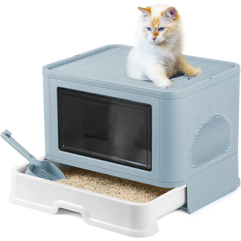 Maison de Toilette pour Chat avec couvercle à fentes,Bac à Litière pour Chat, Plateau Amovible, Pelle, Brosse de massage,Bleu - Aqrau