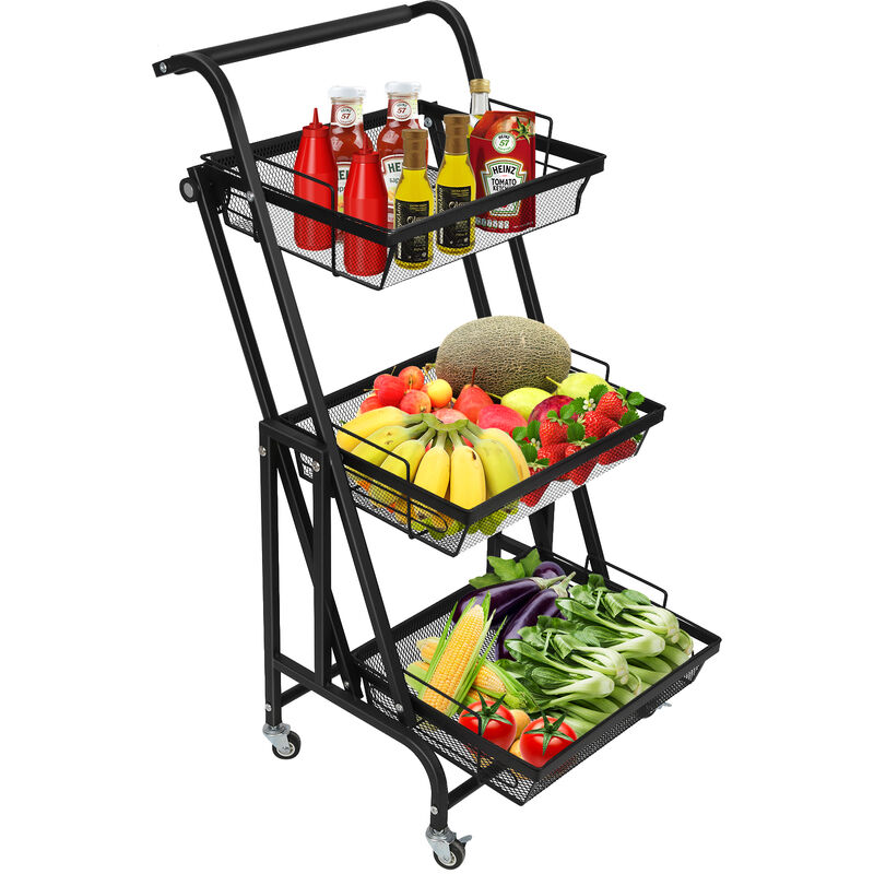 Aqrau - Panier de Fruits et Legumes avec Roues, Chariot utilitaire multifonctionnel avec roues verrouillables,Corbeille à fruits en métal à 3