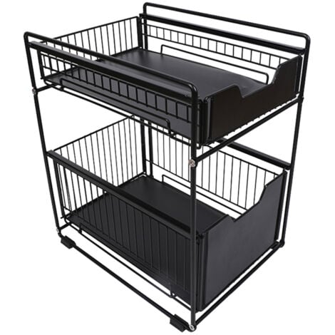 Aqrau Rangement sous Évier Cuisine, Organisateur Coulissant avec 2 Tiroirs Porte-épices, pour Salle de Bain, Cuisine, Bureau Noir