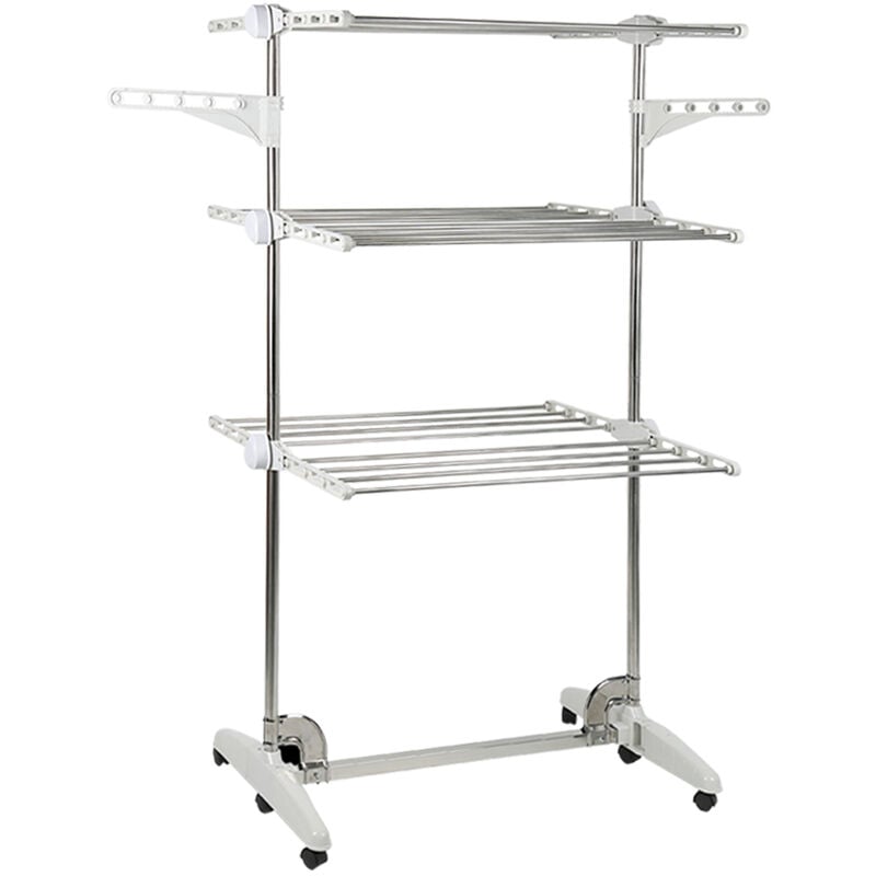 Séchoir à Linge Pliable, Etendoir à Linge Peu encombrant, avec 6 Roues 3 Niveaux, Argent - Aqrau