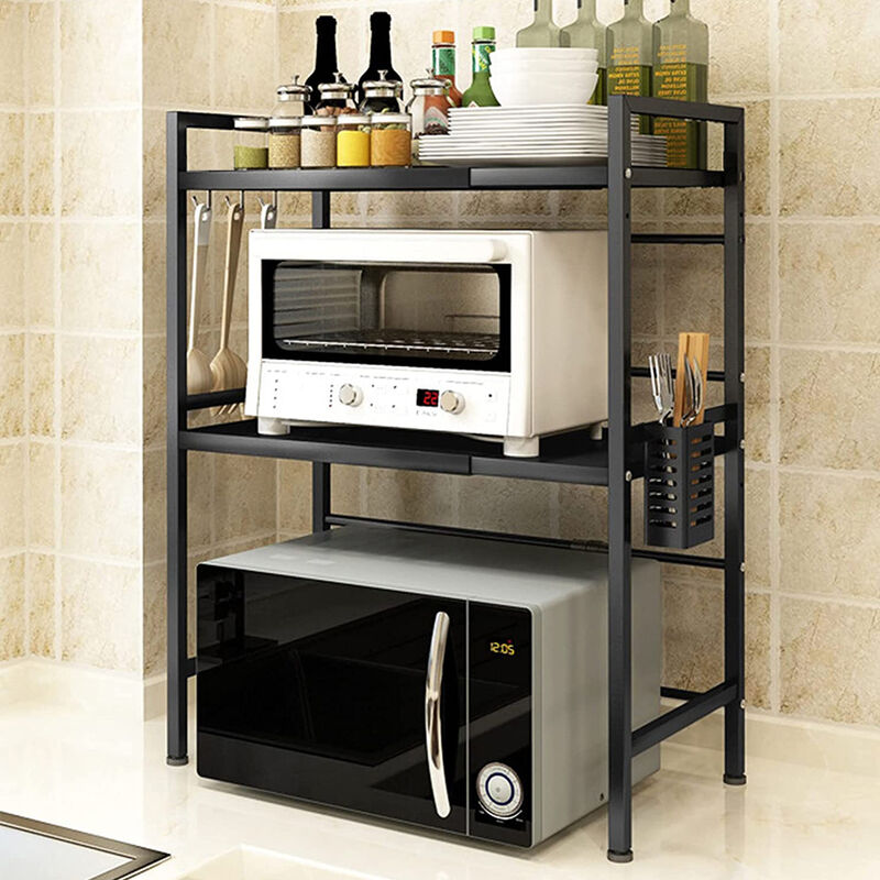 Support de Four à Micro-Ondes Extensible/Organisateur de Cuisine à 2 Niveaux/Noir - 40/64X36.5X78cm - Aqrau