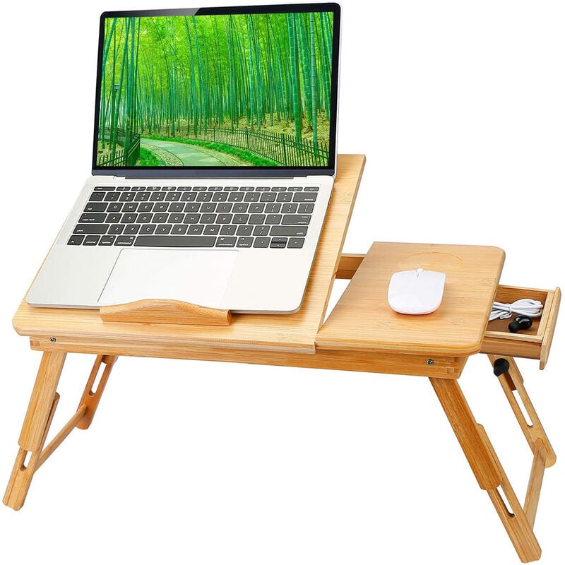 Aqrau - Table d'ordinateur Portable en Bambou, Table Plateau Pliante, Planche Inclinable, Tiroir de Rangement, Convient pour Canapé, Lit, Sol