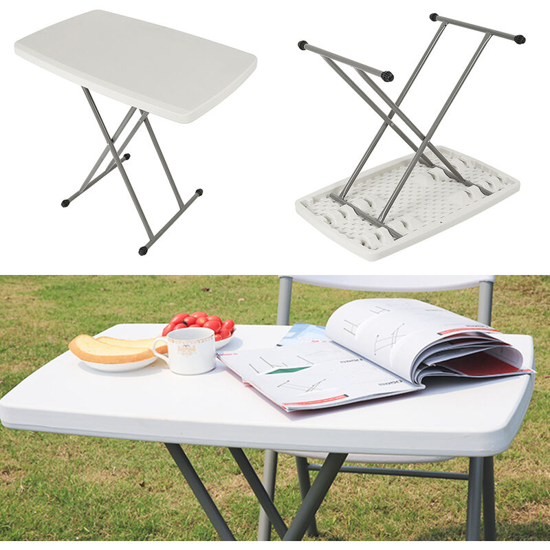 Table Pliante Ajustable, Table Compacte Et Pliante, Table De Jardin en Plastique, Acier, Blanc - Blanc - Aqrau