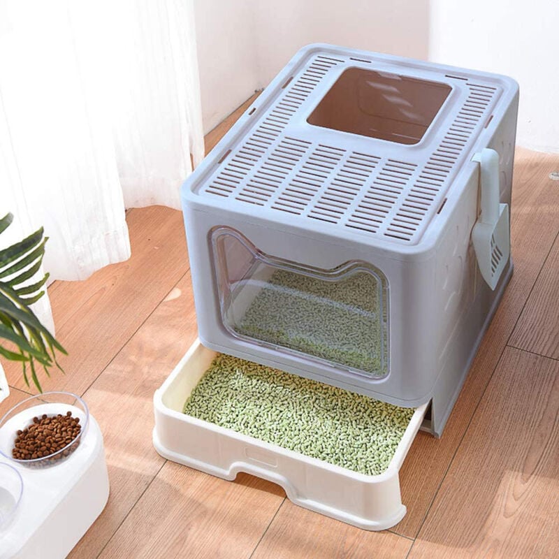 Aqrau - Toilette pour chat, bac à litière pour chat avec couvercle à fente et pelle, nettoyage facile, bleu - 51x41x38cm