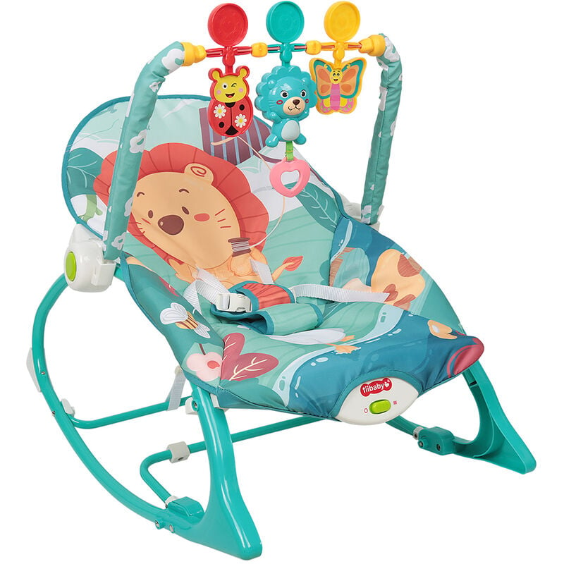 Aqrau - Transat à bascule pour bébé, chaise avec vibrations apaisantes et arche de jeu amovible - Bleu