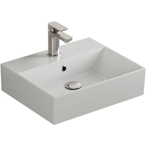 Aqua Bagno Design Waschbecken Aufsatzwaschbecken Hängewaschbecken Waschtisch aus hochwertiger Keramik eckig - 50 x 42 cm - Weiß 