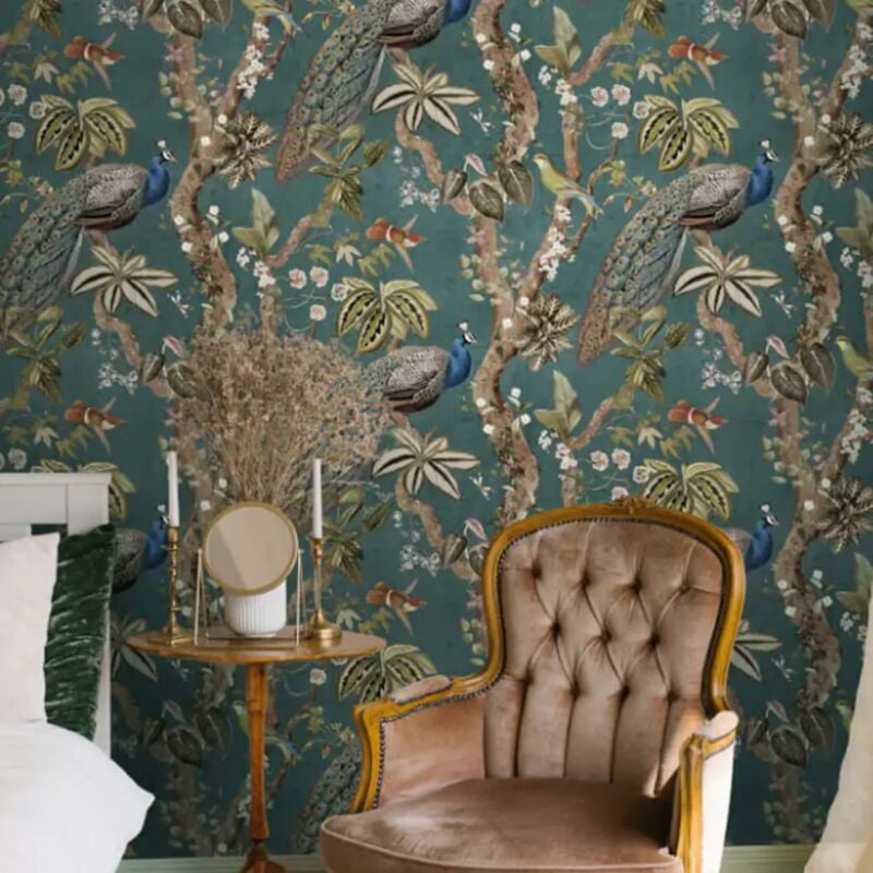 Holden - Aqua Blue Peacock Wallpaper Green Woods Floral Design Mulit Birds Feature Wall