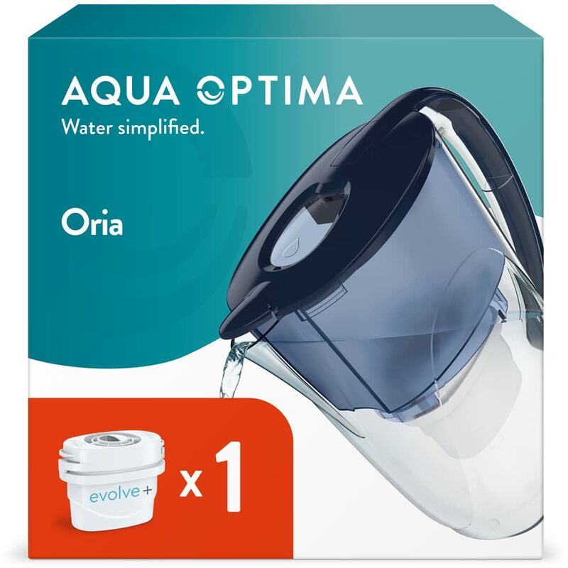 Image of Aqua Optima - Oria - Caraffa filtrante per acqua, 1 cartuccia filtrante Evolve+, capacità 2,8 l, per ridurre microplastiche, cloro, calcare e
