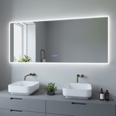 AQUABATOS 160x70 cm Badspiegel mit Beleuchtung Badezimmerspiegel Lichtspiegel LED Wandspiegel Energiesparend. Touch-Schalter Dimmbar, Kaltweiß 6400K, Warmweiß 3000K, Spiegelheizung, IP44