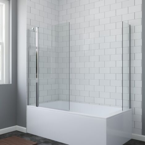 AQUABATOS (99.5+30)x140 cm Badewannenfaltwand 6mm klares Glas Duschwand Badewannenaufsatz mit kleines Glas-Seitenteil
