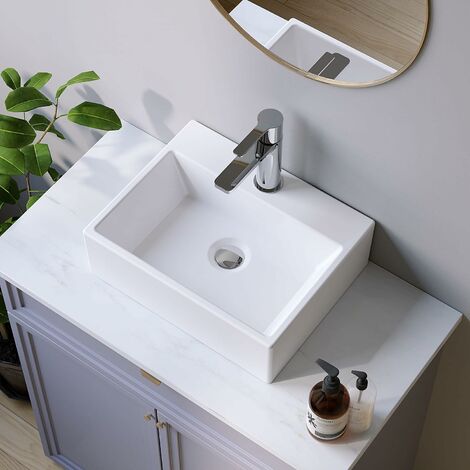 AQUABATOS Aufsatzwaschbecken Waschbecken Keramik Waschtisch Handwaschbecken, mit Hahnloch, Ohne Überlauf, Ohne wasserhahn, Ohne ablaufventil, Weiß, Eckig 385 x 305 x 120 mm